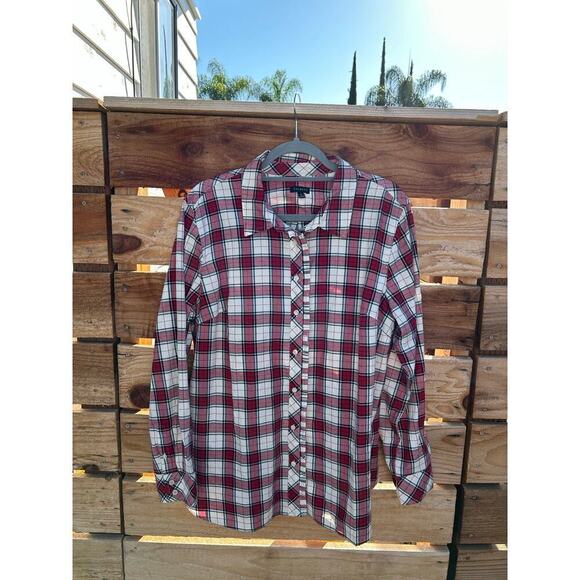 Talbots Women's Button Down, Red Plaid, Ruffle, Button Up‎ Shirt, XL - Picture 1 of 5